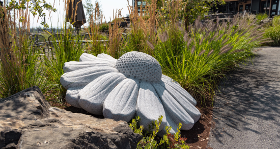 A large stone sculpture resembling a daisy flower, surrounded by green grass and plants in a landscaped area.